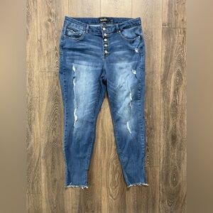 Indigo River Curvy Women's Blue Distressed Jeans size 18 button up body con